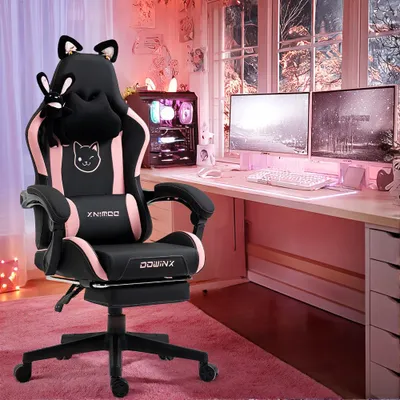 Image de Chaise de bureau ergonomique de couleur rose, avec hauteur réglable, repose-tête et support lombaire