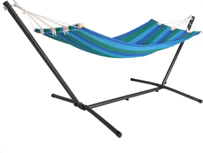 Produktbild von DETEX® Hängematte mit Gestell Strapazierfähig Robust transportabel Outdoor Stabhängematte Reisehängematte Campinghängematte Garten Balkon Blau