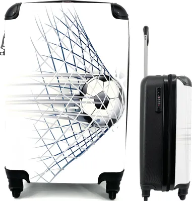 Produktbild von MuchoWow® Koffer Handgepäck Trolley Rollkoffer Kleine Reisekoffer mit 4 Rollen - Eine Illustration eines Fußballs, der ins Tor geht - Jungen - Mädchen - Kinder - Cabin Size < 55x40x23 cm & 55x40x20 cm - Kinderkoffer - Kabinenkoffer - Boardgepäck - Reise-Box - Reisekoffer - Reisegepäck - Koffer mit Bild - Trolley für Kinder