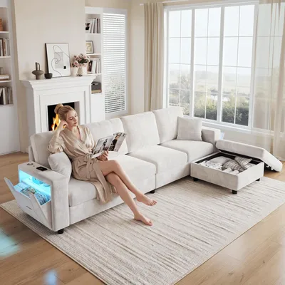 Productafbeelding van Merax Modulaire hoekbank, L-vormig, 4-zits, met opbergkruk, LED-verlichting, USB- en Type-C-aansluitingen, fluweelbank voor de woonkamer, beige