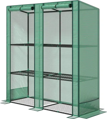 Zdjęcie produktu dla Szklarnia z dachem dwuspadowym, podwójne drzwi, półki, szklarnia z folii zimowej ze stali, szklarnia na balkon, ogród, domek na pomidory 144 x 48 x 152 cm, szklarnia na pomidory na pomidory, warzywa, zielona