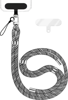 Produktbild von HoldMe Edition - Lanyard mit Karabiner Silber & 2 Pads - Universal Handykette Nylon Umhänge Band -  Schwarz Weiß