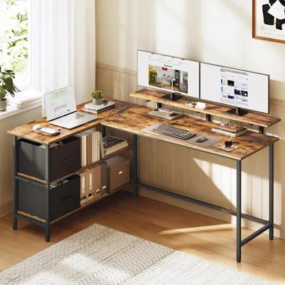 Produktbild von VASAGLE Eckcomputertisch mit Monitorständer, L-förmiger Arbeitstisch, 2 Schubladen, höhenverstellbar, 155 x 105 cm, braun