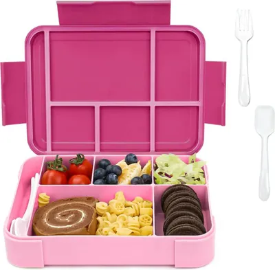 Obrázek produktu pro Svačinový box, Bento box, Vzduchotěsný svačinový box s 5 přihrádkami a sadou příborů, Krabice na svačinu, Snídaňový box