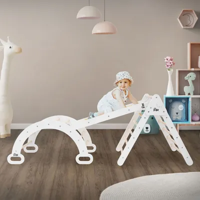 Produktbild von Joyz 3in1 Kletterdreieck mit Rutsche & Kletterbogen, Natur-Weiß, aus Holz, Montessori Klettergerüst für Kinder ab 2 Jahre