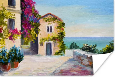 Produktbild von MuchoWow® Poster Malerei - Haus - Ölfarbe - Dorf 60x40 cm - Schlafzimmerdekoration