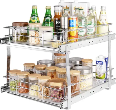 Obrázok produktu pre VEVOR 2-úrovňový výsuvný organizér do skrinky 431 x 533 x 381 mm inštalačný rozmer, robustné úložné police, chrómovaná oceľová polica na skrinku pod umývadlo, posuvný úložný regál na korenie