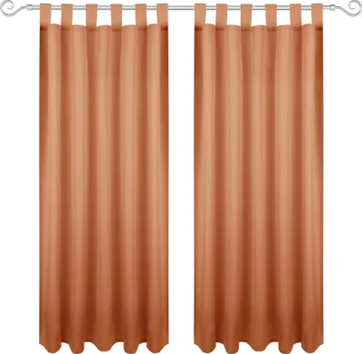 Two brown curtains hanging on a rod.