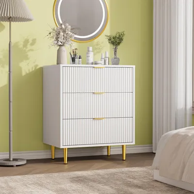 Image de Commode à façade rainurée, 3 tiroirs, table de chevet pour chambre à coucher ou salon, couleur blanc chaud