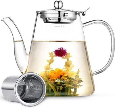 Produktbild von Famanu Teekanne aus Glas, 1200 ml, hitzebeständig, mit herausnehmbarem Edelstahlfilter