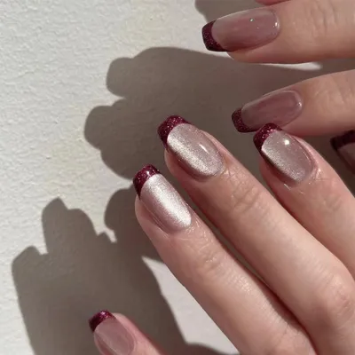 Zdjęcie produktu dla Sztuczne paznokcie typu French Tip, brokat, czerwony kolor, krótkie, kwadratowe, efekt "cat eye", 24 sztuki