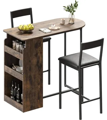 Produktbild von Bartisch mit 2 Stühlen - Essgruppe für 2 - Mit Ablagefächern - Platzsparend für kleine Küchen - Modern minimalistisch - Holz - Braun