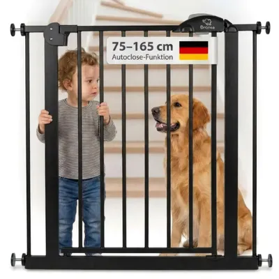 Produktbild von BRONEA® CLEO schwarz 75-82 cm | verlängerbar bis 166 cm Treppengitter Türschutzgitter ohne Bohren | Auto-Close | 3-Schritt-Sicherung | Kinderschutzgitter Treppenschutzgitter Türgitter Tiergitter