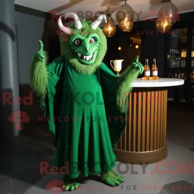 Immagine prodotto di Personaggio mascotte REDBROKOLY del diavolo verde foresta vestito con un abito da cocktail e scialli