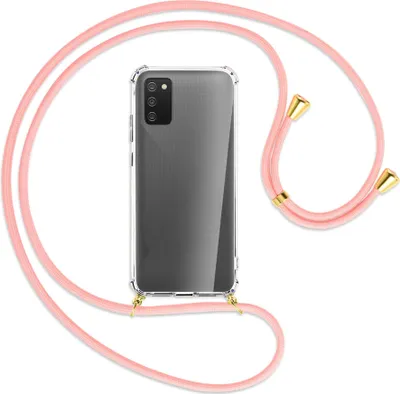 Produktbild von Handykette Backcover-Schutzhülle mit Band (Metall goldfarben) für Samsung Galaxy A02s - rosa