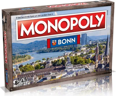 A Monopoly board game box featuring a cityscape of Bonn, Germany.