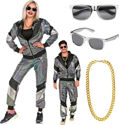 Produktbild von Set 80er Jahre bunter reflektierender Trainingsanzug - Gr. S bis 2XL - mit Brille und Goldkette S - 170-177 cm