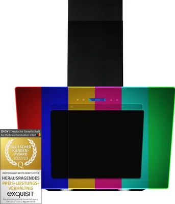 A brightly colored range hood against a white background, with award badges on the left.