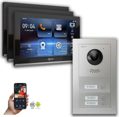 Image de Interphone vidéo IP Goliath : 10 pouces pour maison de 3 logements, application pour smartphone, argent : 10 pouces noir : 4 ports POE : raccordement par boîtier encastré : 4 ports POE Couleur de l'écran : 10 pouces noir Montage : boîtier encastré