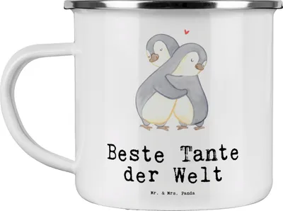 Produktbild von Mr. & Mrs. Panda Teetasse Pinguin Beste Tante der Welt - Weiß - Geschenk, Kleinigkeit, Pott, Mitbringsel, Familie, Teebecher, Nichte, Emaille Tasse, Kaffeepott