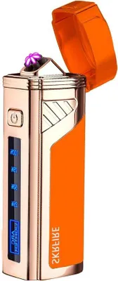 Image de Briquet électrique à plasma - Résistant au vent - Rechargeable - USB - Pour l'extérieur - Indicateur de batterie numérique - Couleur orange.