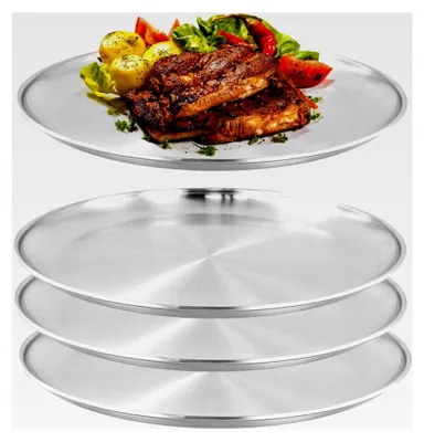 Produktbild von 4 Stück 30 cm runde Edelstahlteller, stabiles Geschirr für Camping, Picknick und Barbecue