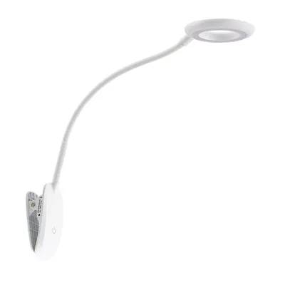 A white LED clip-on lamp with a flexible gooseneck and a ring-shaped light head, shown against a white background.