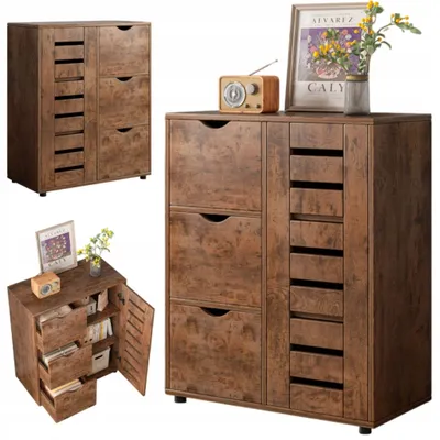 A collage of images showing a retro-style wooden cabinet with drawers and doors, presented from different angles and with some decorative items on top.