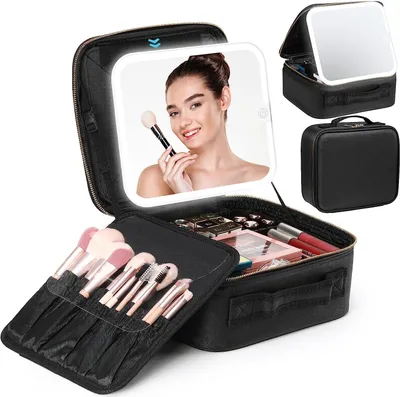 Produktbild von Kosmetiktasche mit Beleuchtetem Spiegel, Make Up Tasche mit 3 Farbe LED Licht,Reise Kosmetiktasche mit Schminkspiegel,Schminktasche,Make Up Zubehör