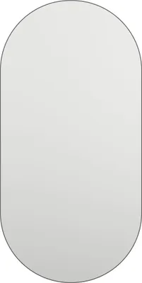 A vertical oval mirror with a thin dark frame against a white background.