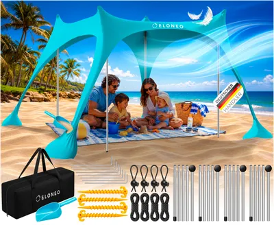 Produktbild von ELONEO Strandzelt Sonnensegel LSF 50+ UV Schutz Windschutz Strand Zubehör Zelt, Türkis - 228x214x200 cm
