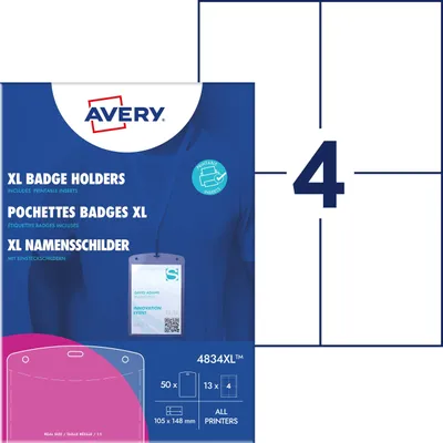 Zdjęcie produktu dla Avery 4834XL, Uchwyt na plakietkę, Poliester, Przezroczysty,  105 mm, 148 mm