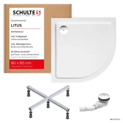Produktbild von Schulte Duschwanne Litus, 80x80 cm, Viertelkreis, Komplettset inkl. Fußgestell und Ablauf, Acryl