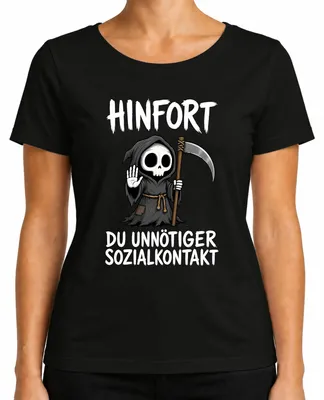 Productafbeelding van Hinfort T-shirt voor dames, zwart, maat M. Opdruk: "Onnodig sociaal contact", "Sensenmann", "Verklaring", "Sarcasme"