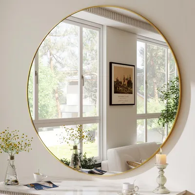 Produktbild von Koonmi runder Wandspiegel 45.7 cm, Aluminiumrahmen, Gold, Bad und Schminkspiegel zur Wandmontage für Badezimmer, Schlafzimmer und Eingangsbereich