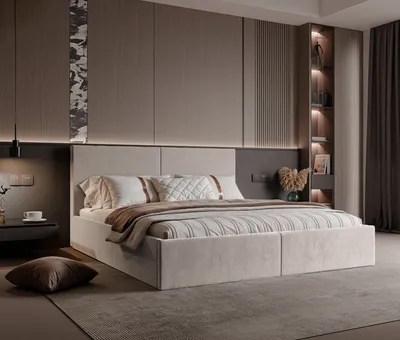 A bedroom scene with a bed as the main focus.