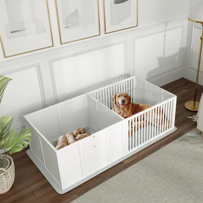 Zdjęcie produktu dla Klatka dla psów, klatka dla szczeniąt z 2 komorami, drewno sosnowe MDF, kolor biały | 166 x 80 x 50 cm | 7 elementów, regulowane wejście | w zestawie wyściółka