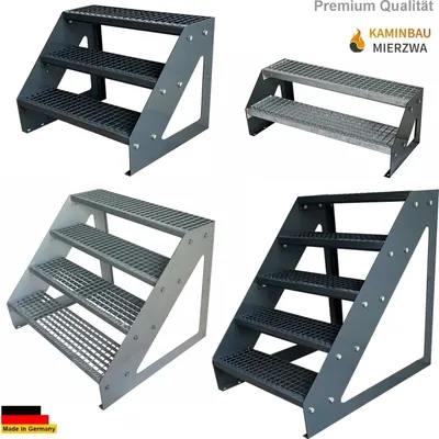 A collage of four different industrial-style metal staircases.