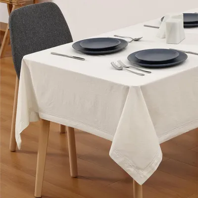 Produktbild von Weißes Rechteckiges Tischdecken Baumwolle 140 x 240 cm - Waschbares Tischlaken mit Leinenoptik -