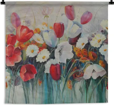 Produktbild von MuchoWow® Wandteppich Wandbehang Malerei - Ölgemälde - Blumen 60x60 cm Tapisserie Dekoration Wandtuch - Dekorationen - Wand Decke