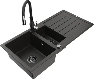 Produktbild von Mexen Andres 1,5-Becken-Granitspüle mit Abtropffläche und Mischbatterie Savita, Schwarz/Gold - 6515-75-672601-70-B
