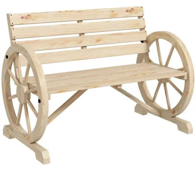 Image de Banc de jardin en bois avec roues de chariot | Couleur : bois naturel | Dimensions : 56 x 105,5 x 79 cm