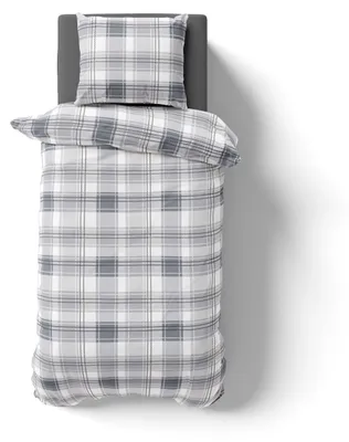 Produktbild von 2-tlg Renforcé Design Bettwäsche 155x220 + 80x80 cm Kopfkissen Garnitur 100% Baumwolle Mit Reißverschluss Geometrisch Karo-Silber