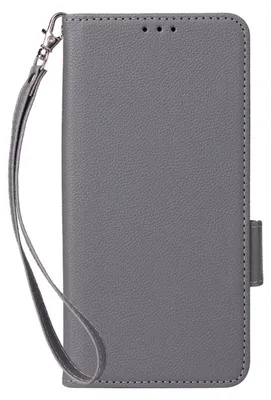 A gray faux leather phone case with a wrist strap is shown against a white background.