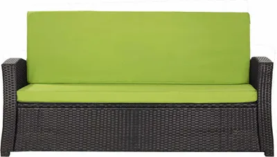 A green cushioned outdoor sofa with a dark woven base.