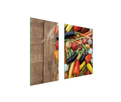 Produktbild von Herdabdeckplatten 2 teilig 75x52 Glaskeramikkochfeld Abdeckung Glas Schneidebrett Gemüse Holz