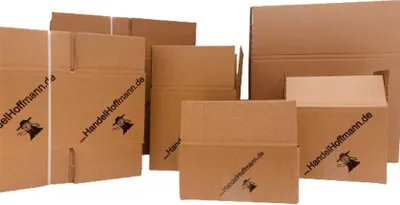 Multiple cardboard boxes of various sizes are arranged together.