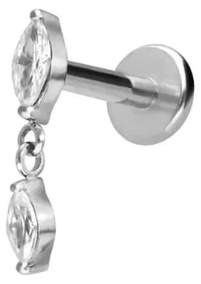 Produktbild von Ohrpiercing, Nasenpiercing Titan Labret mit Push Fit 2 KRISTALLTROPFEN Silber Stablänge: 6mm | Stabstärke: 1,2mm