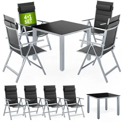 Produktbild von CASARIA® Gartenmöbel Set 4 Stühle Klappbar mit Gartentisch Alu inkl. Kopfkissen 8-fach verstellbare Rückenlehne 90x90cm Wetterfest Outdoor Terrasse Balkon Sitzgruppe Silber
