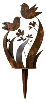 Produktbild von Dekorativer Gartenstecker aus Metall mit Vogel- und Wildblumenmotiv, rustikale Gartendekoration für Rasen und Garten